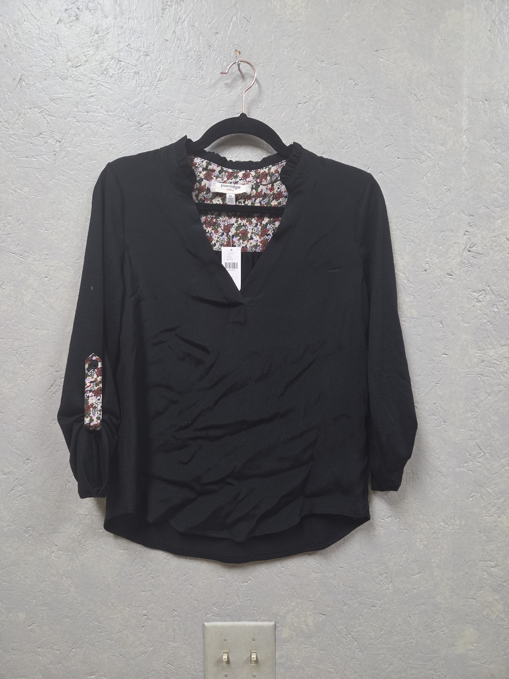 Anthropologie Porridge Top with Rouched Fold Up Sleeved Floral Trim